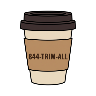 844-TRIM-ALL on a coffee cup