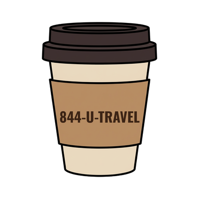 844-U-TRAVEL on a coffee cup