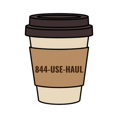 844-USE-HAUL on a coffee cup