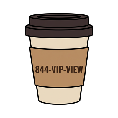 844-VIP-VIEW on a coffee cup