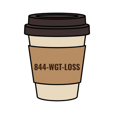 844-WGT-LOSS on a coffee cup