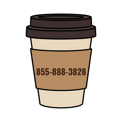 855-888-3828 on a coffee cup
