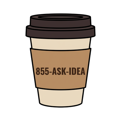 855-ASK-IDEA on a coffee cup