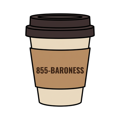 855-BARONESS on a coffee cup