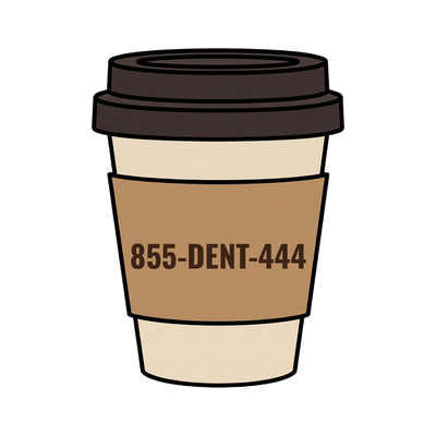 855-DENT-444 on a coffee cup