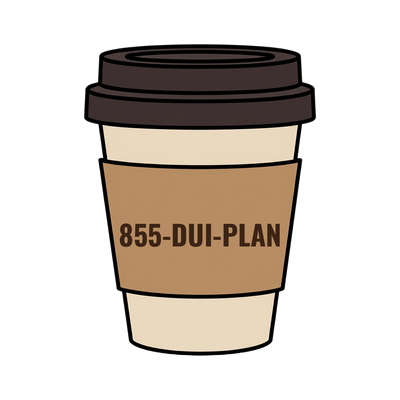 855-DUI-PLAN on a coffee cup