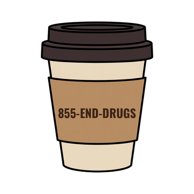 855-END-DRUGS on a coffee cup