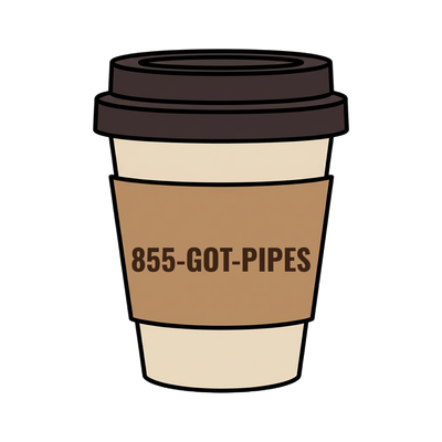 855-GOT-PIPES on a coffee cup