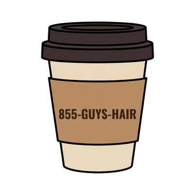 855-GUYS-HAIR on a coffee cup