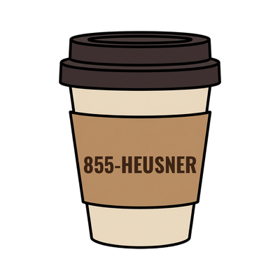 855-HEUSNER on a coffee cup