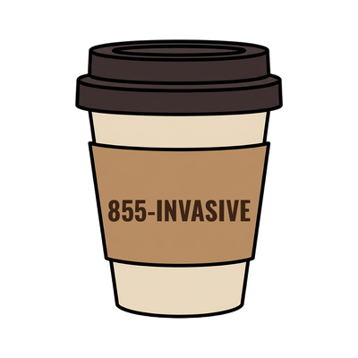 855-INVASIVE on a coffee cup