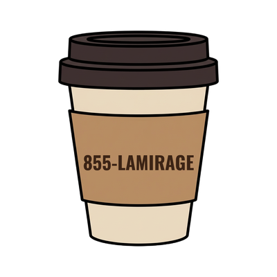 855-LAMIRAGE on a coffee cup