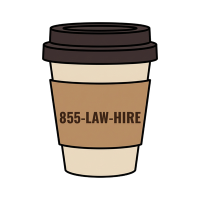 855-LAW-HIRE on a coffee cup