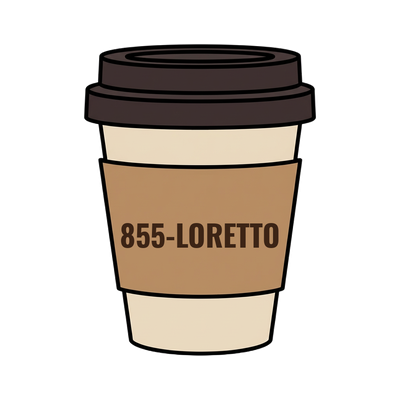 855-LORETTO on a coffee cup