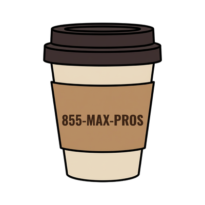 855-MAX-PROS on a coffee cup