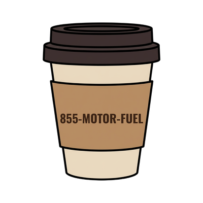 855-MOTOR-FUEL on a coffee cup