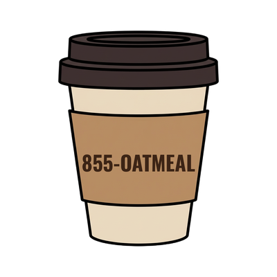 855-OATMEAL on a coffee cup