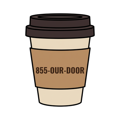 855-OUR-DOOR on a coffee cup