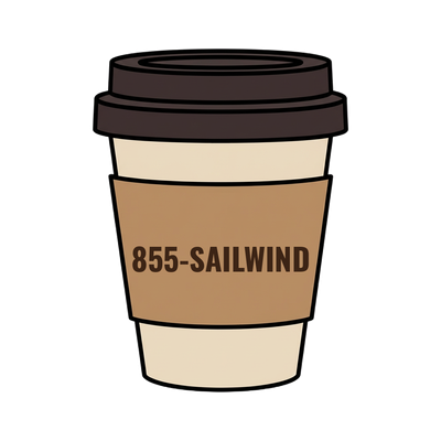 855-SAILWIND on a coffee cup