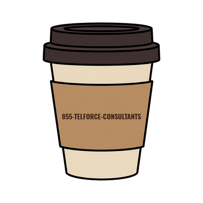 855-TELFORCE-CONSULTANTS on a coffee cup
