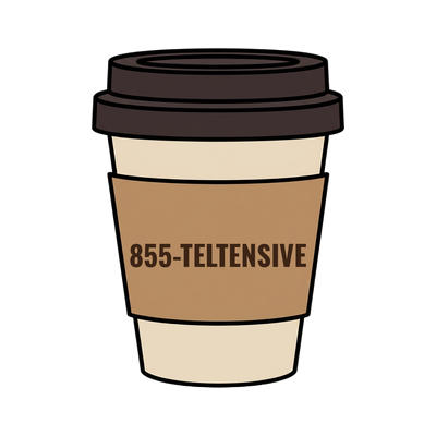 855-TELTENSIVE on a coffee cup