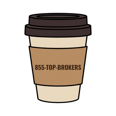 855-TOP-BROKERS on a coffee cup