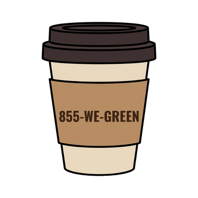 855-WE-GREEN on a coffee cup