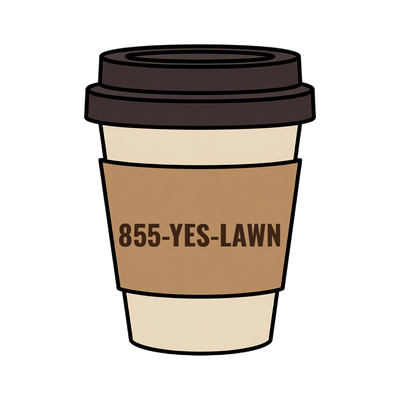 855-YES-LAWN on a coffee cup
