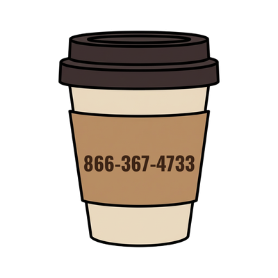 866-367-4733 on a coffee cup