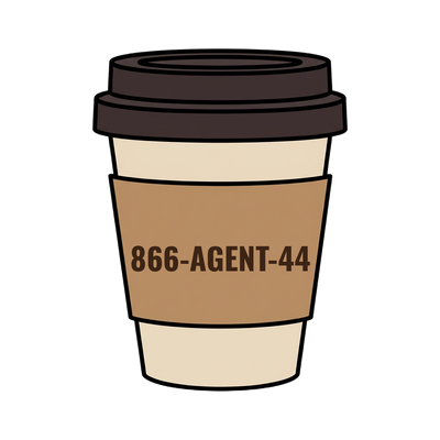866-AGENT-44 on a coffee cup