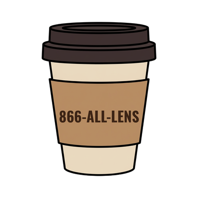 866-ALL-LENS on a coffee cup