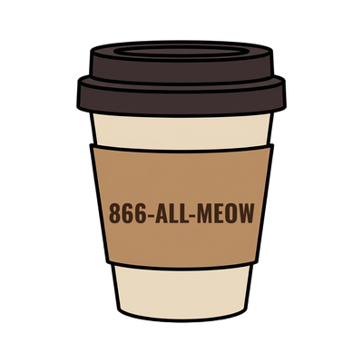 866-ALL-MEOW on a coffee cup