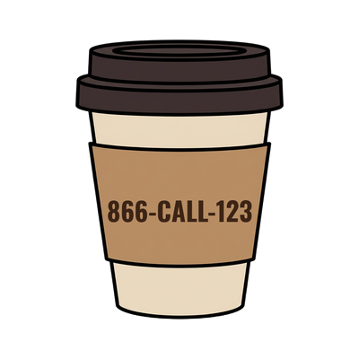 866-CALL-123 on a coffee cup
