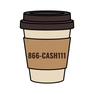 866-CASH111 on a coffee cup