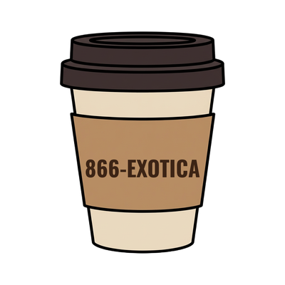 866-EXOTICA on a coffee cup