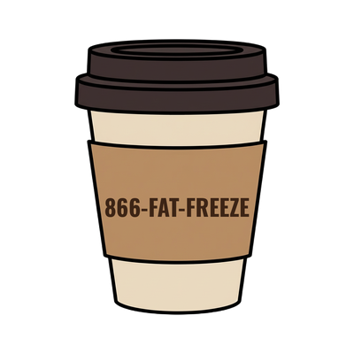 866-FAT-FREEZE on a coffee cup