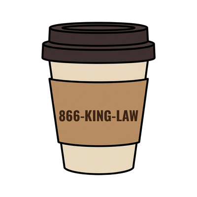 866-KING-LAW on a coffee cup