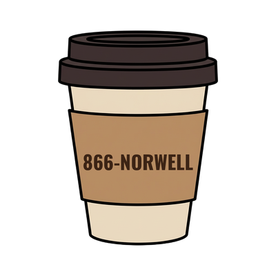 866-NORWELL on a coffee cup
