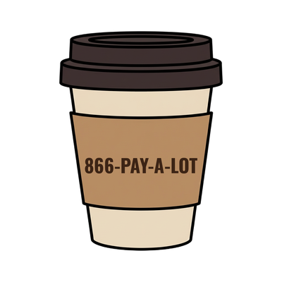 866-PAY-A-LOT on a coffee cup