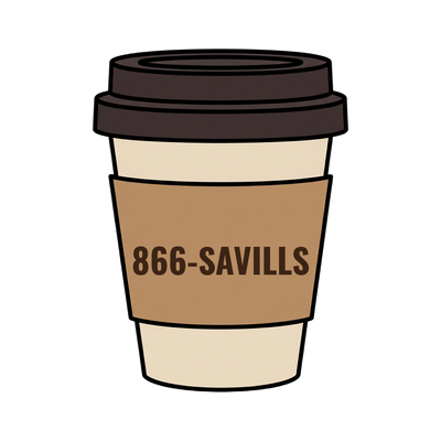 866-SAVILLS on a coffee cup