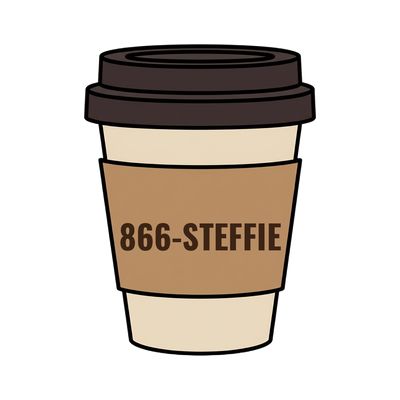 866-STEFFIE on a coffee cup