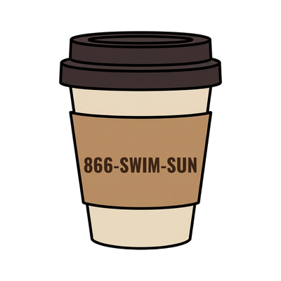 866-SWIM-SUN on a coffee cup