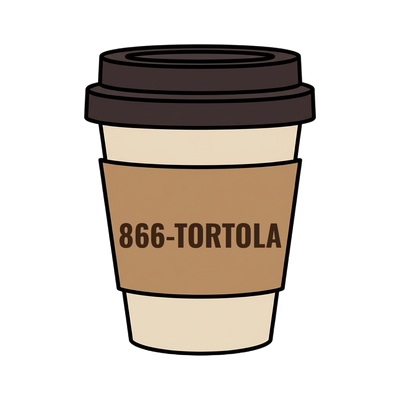 866-TORTOLA on a coffee cup