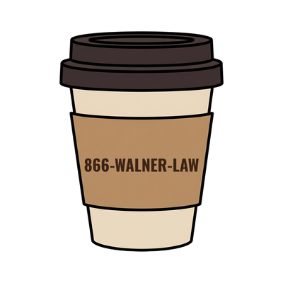 866-WALNER-LAW on a coffee cup