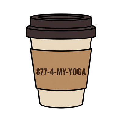877-4-MY-YOGA on a coffee cup