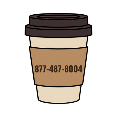 877-487-8004 on a coffee cup