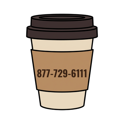 877-729-6111 on a coffee cup
