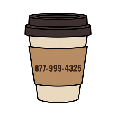 877-999-4325 on a coffee cup