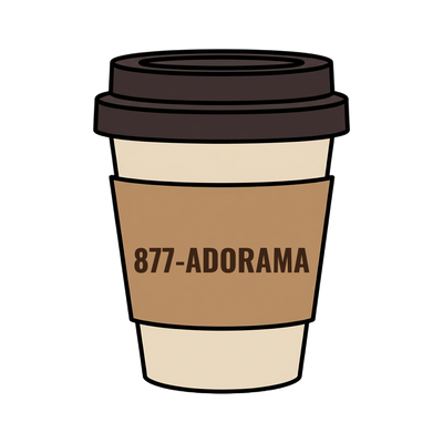 877-ADORAMA on a coffee cup