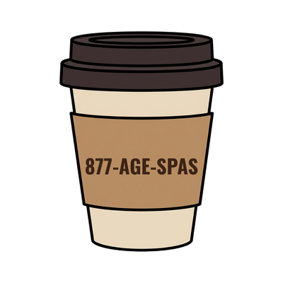 877-AGE-SPAS on a coffee cup